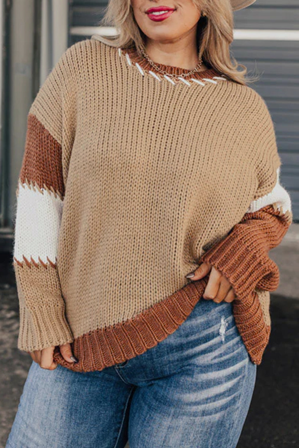 Light French Beige Contrast Stitch Detail Colorblock Knitted Plus Size Sweater