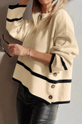 Beige Ribbed Knit Contrasted Stripe Detail Button Side Loose Sweater