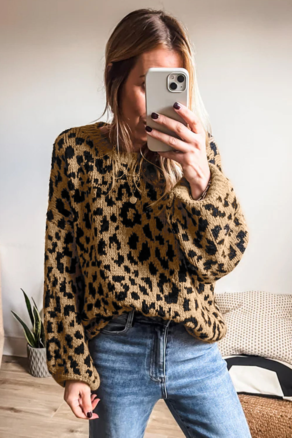 Light French Beige Leopard Round Neck Long Sleeve Sweater