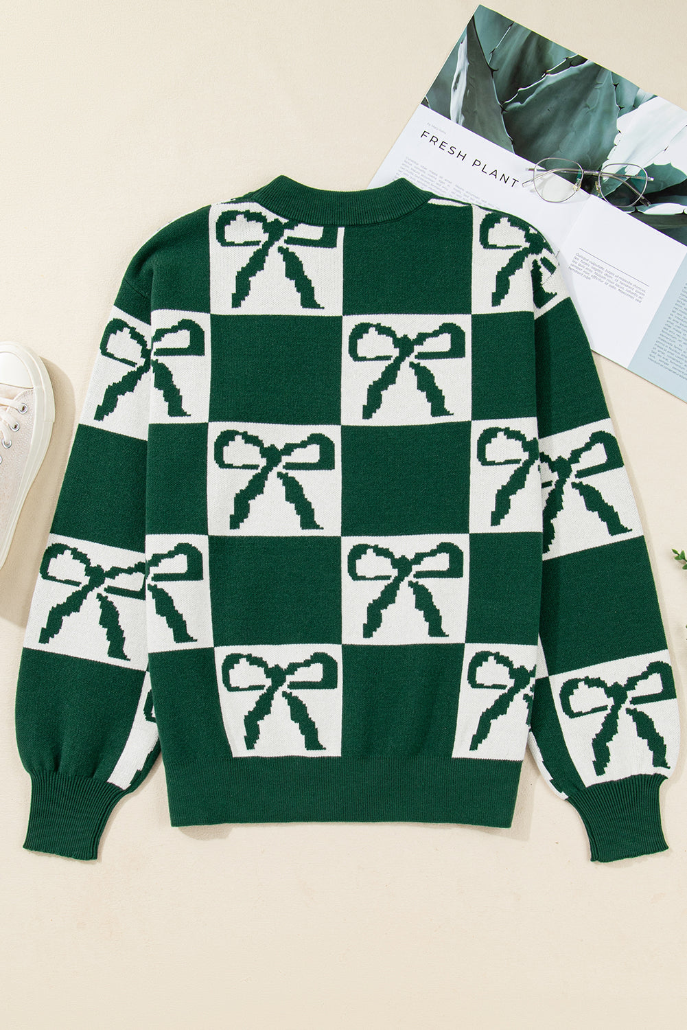 Blackish Green Bow Print Checkered Knit Sweater