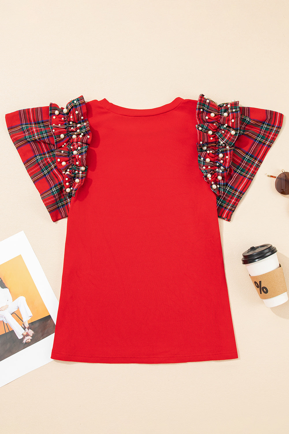Racing Red Pearl Plaid Ruffle Sleeve Loose T Shirt