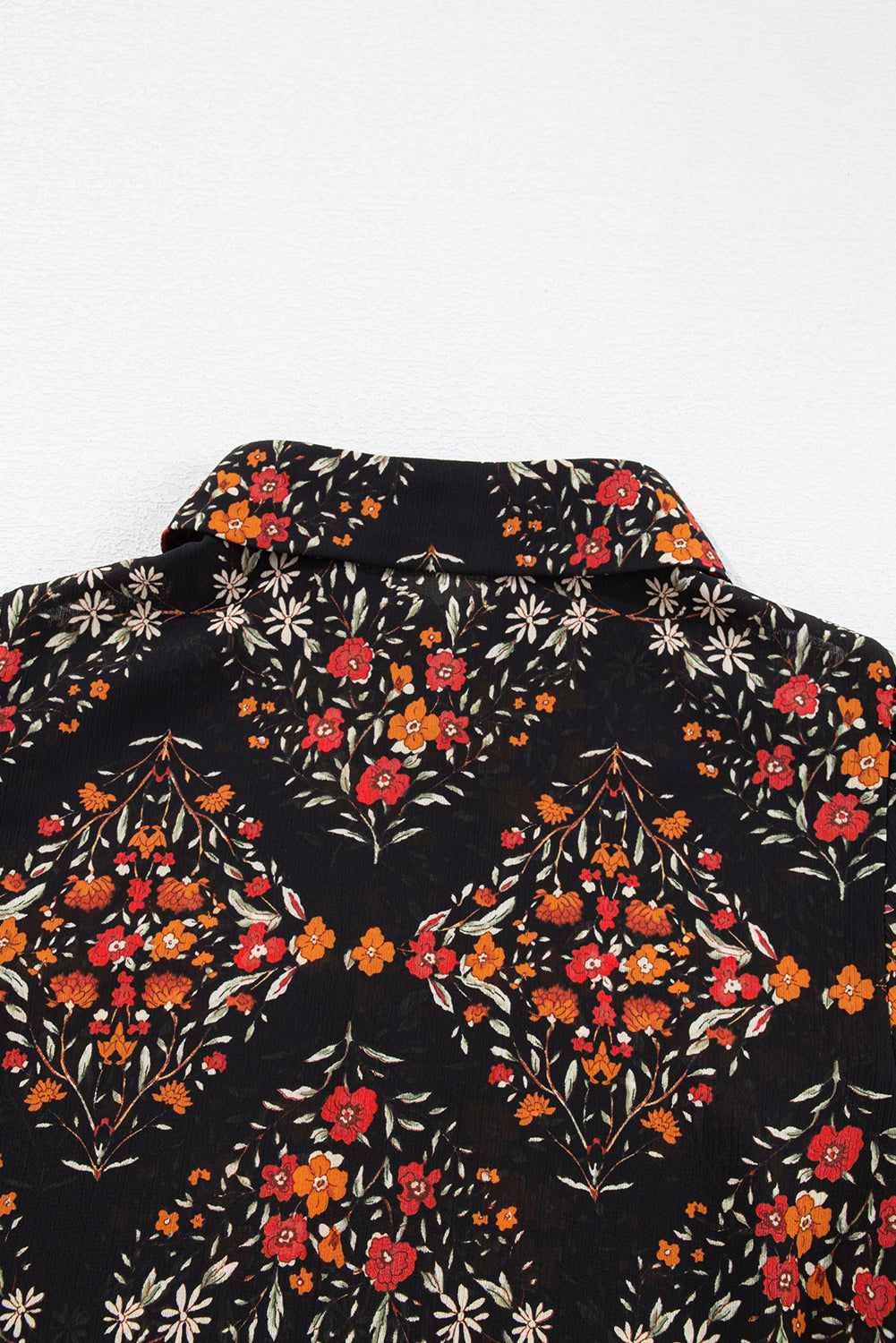 Black Floral Print Collared Button Up Puff Sleeve Shirt