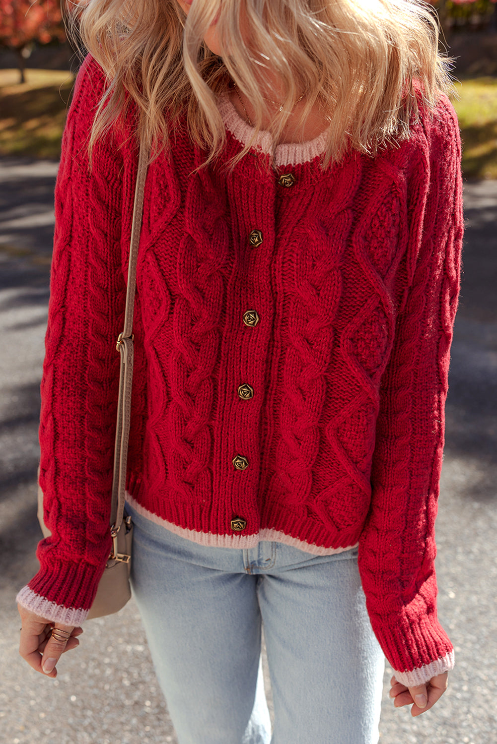 Racing Red Contrast Edge Twist Cable Knit Buttoned Cardigan