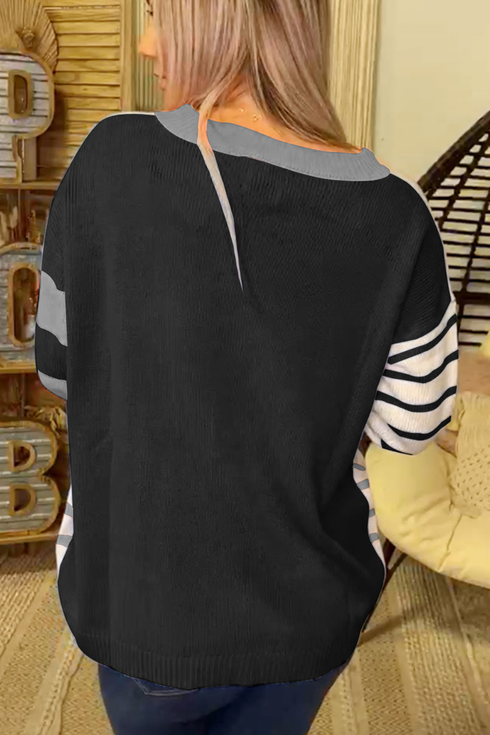 Gray Striped Colorblock Pullover Sweater