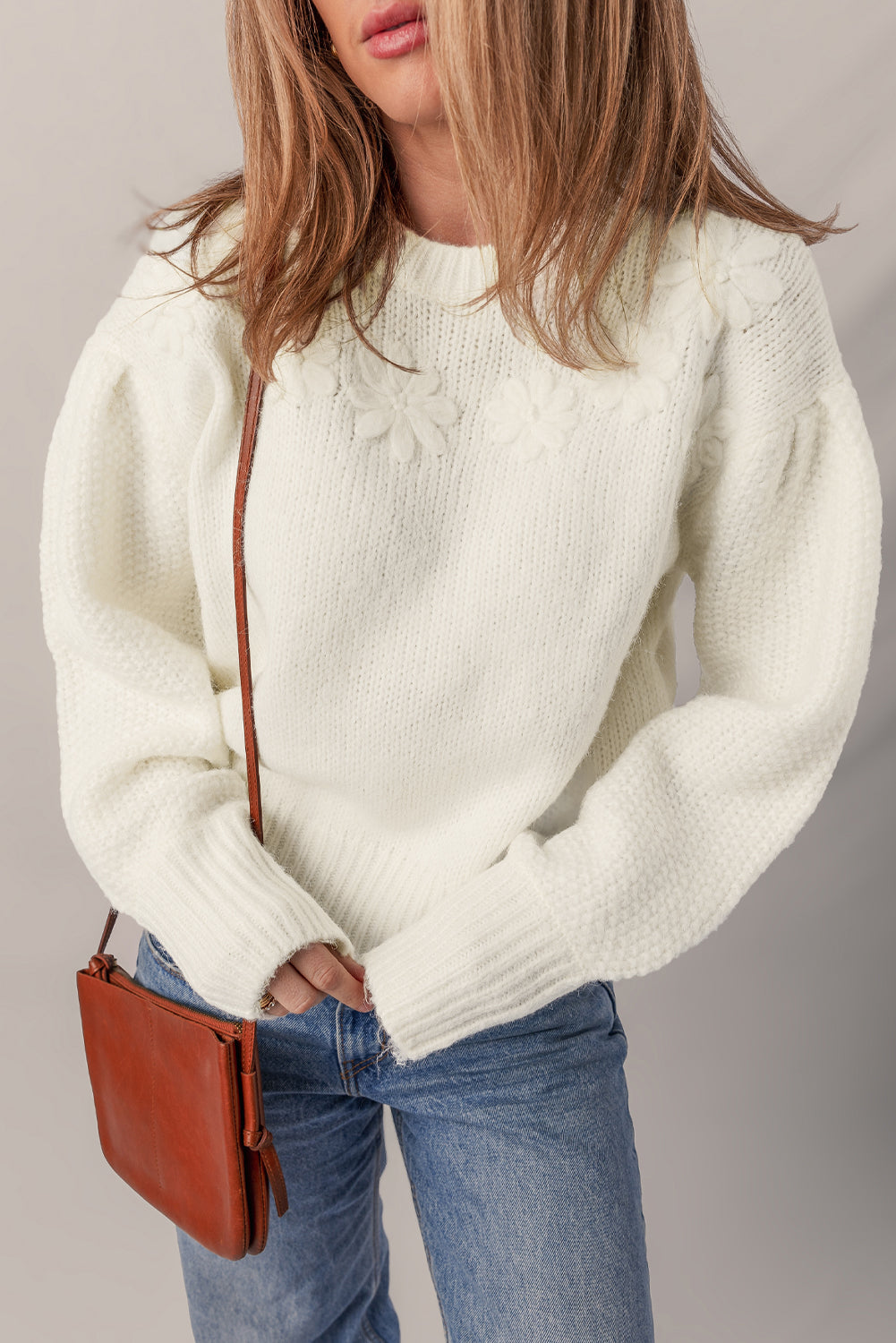 White Flower Detail Round Neck Contrast Textured Puff Sleeve Sweater