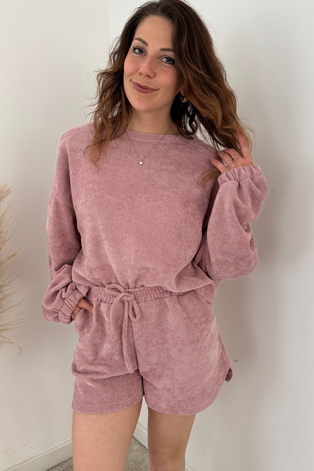 Fushia Textured Knit Drop Shoulder Pullover Drawstring Shorts Set