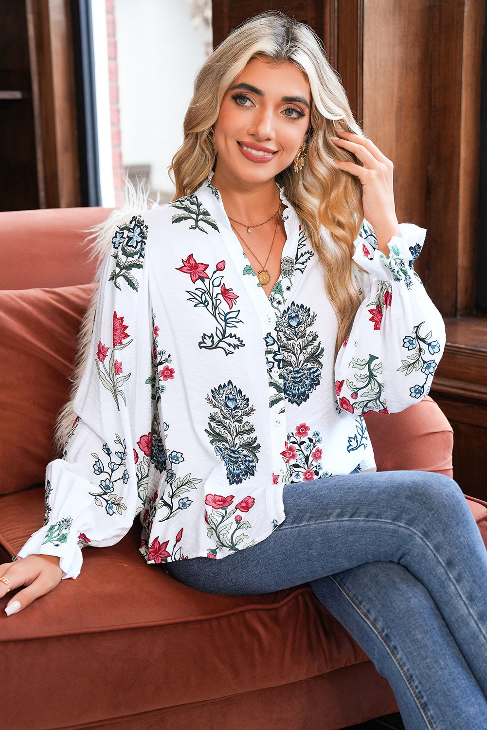 White Floral Print V Neck Loose Drop Sleeve Shirt