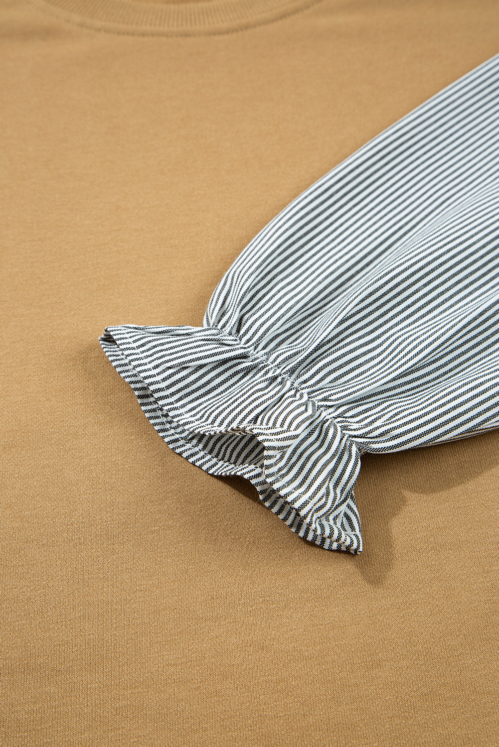 Camel Floral Striped Patchwork Ruffled Sleeve Crew Neck Sweatshirt