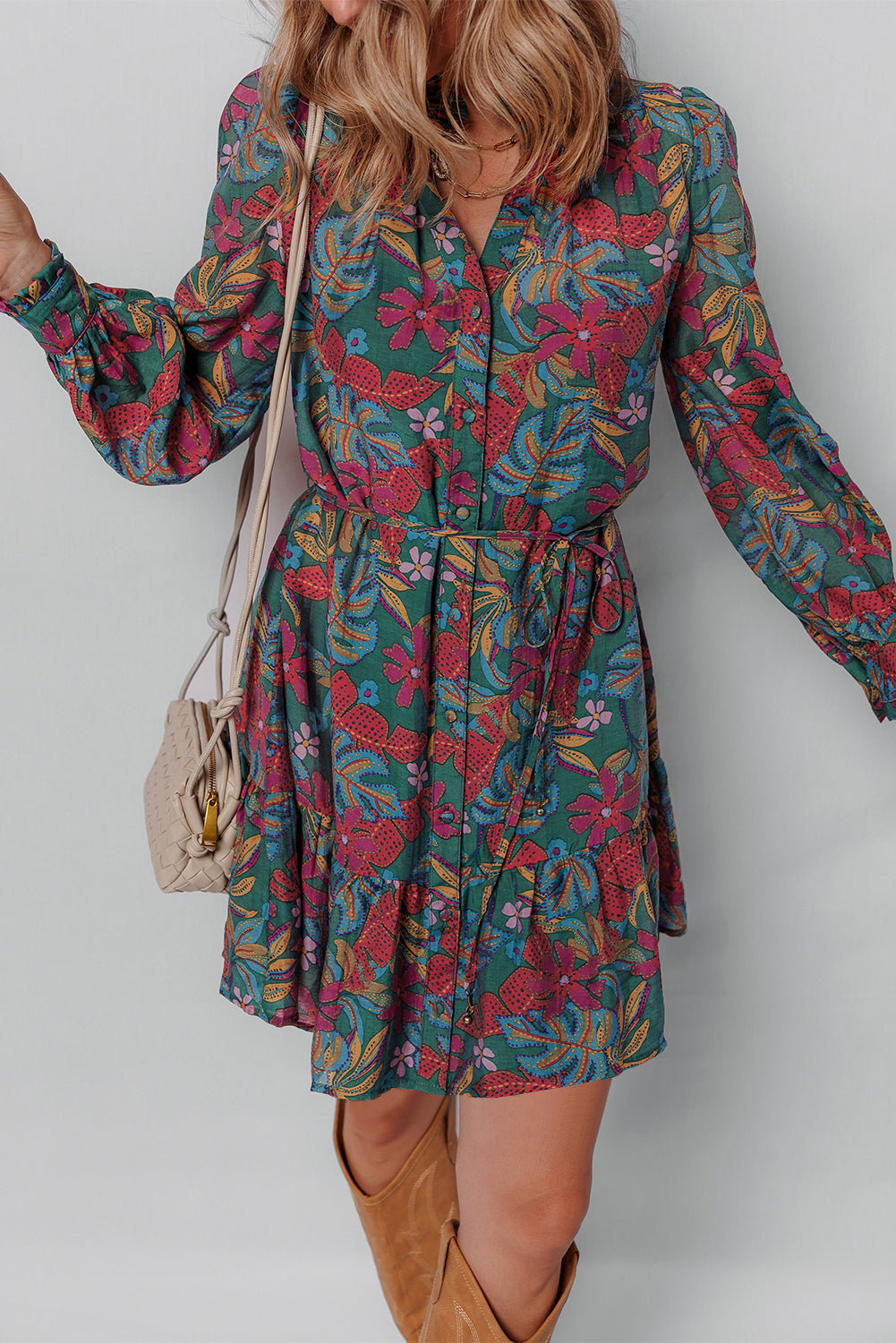 Green Floral Frill V Neck Puff Sleeve Ruffle Mini Dress