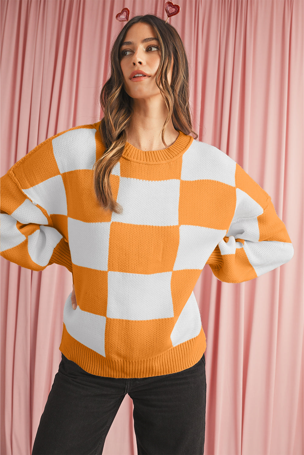Orange & White Plaid Exposed Seam Bishop Sleeve Sweater