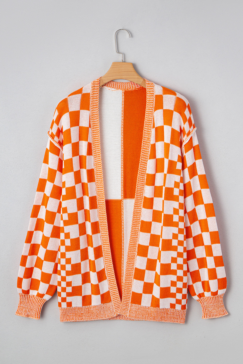 Orange Checkered Open Front Drop Shoulder Cardigan