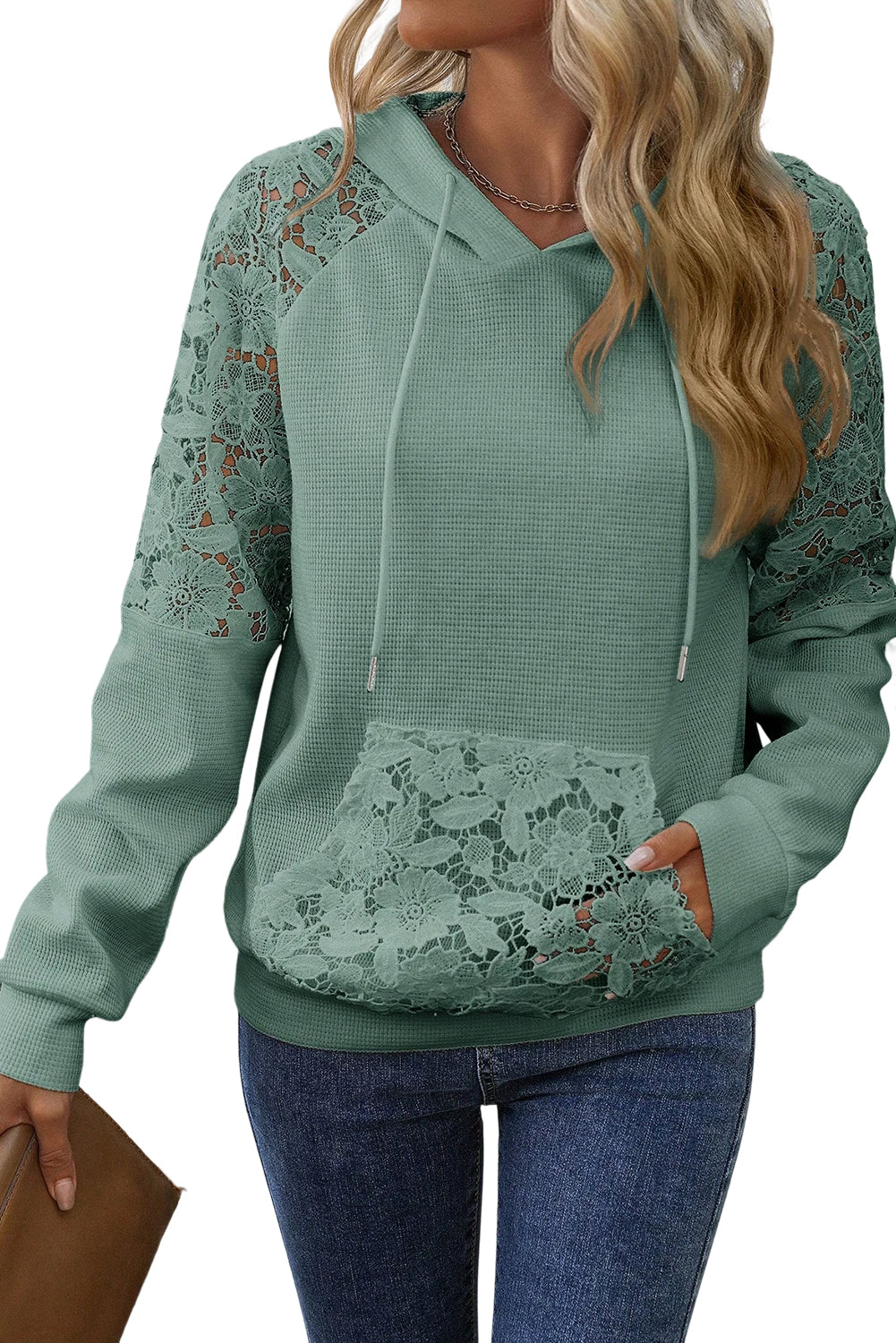 Smoke Green Lace Patchwork Raglan Sleeve Kangaroo Pocket Waffle Hoodie
