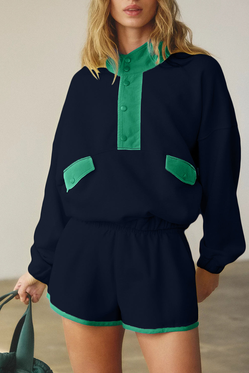 Navy Blue Colorblock Patchwork Half Button Pullover and Shorts Outfit