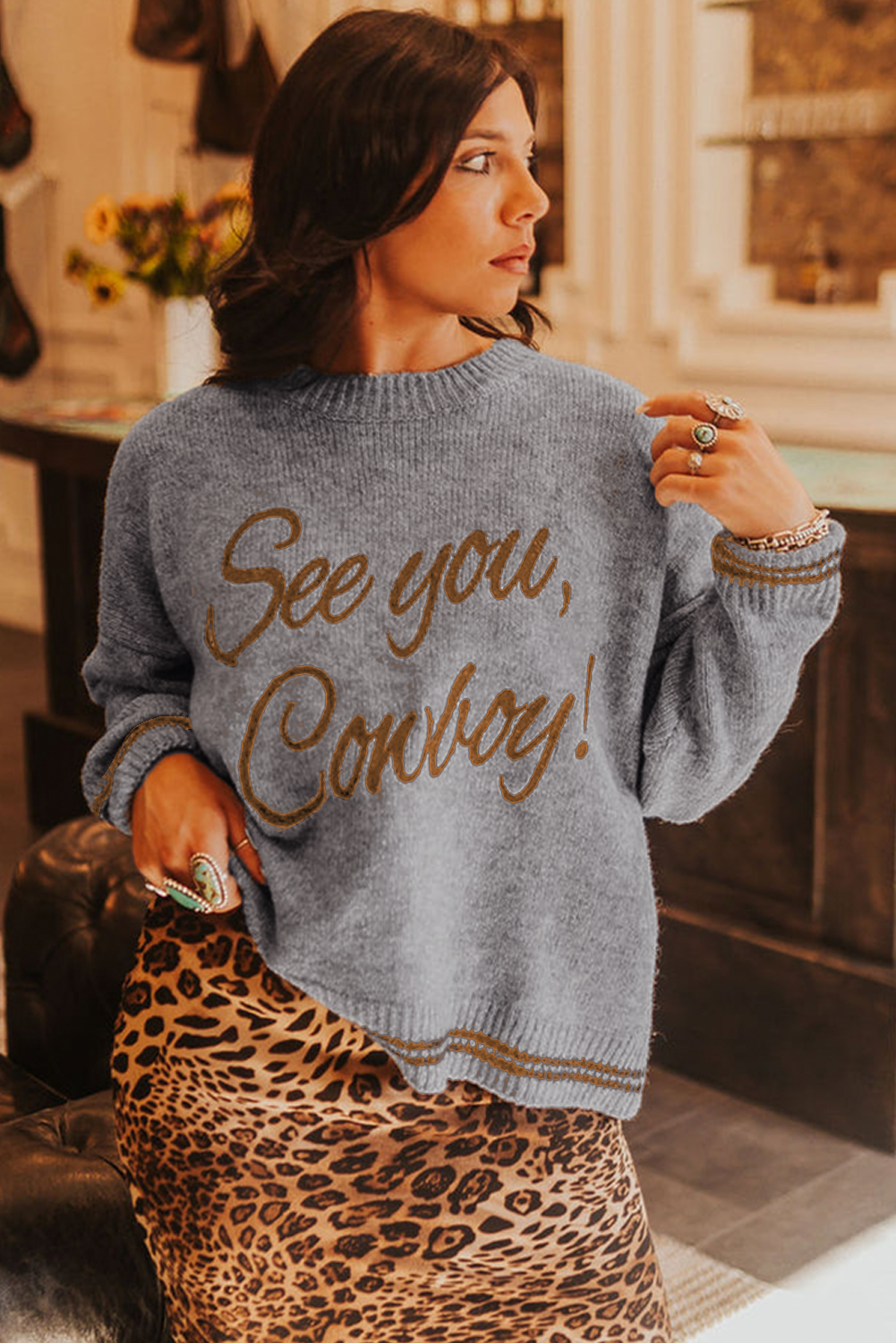 Light Grey Letter Embroidered Graphic Sweater