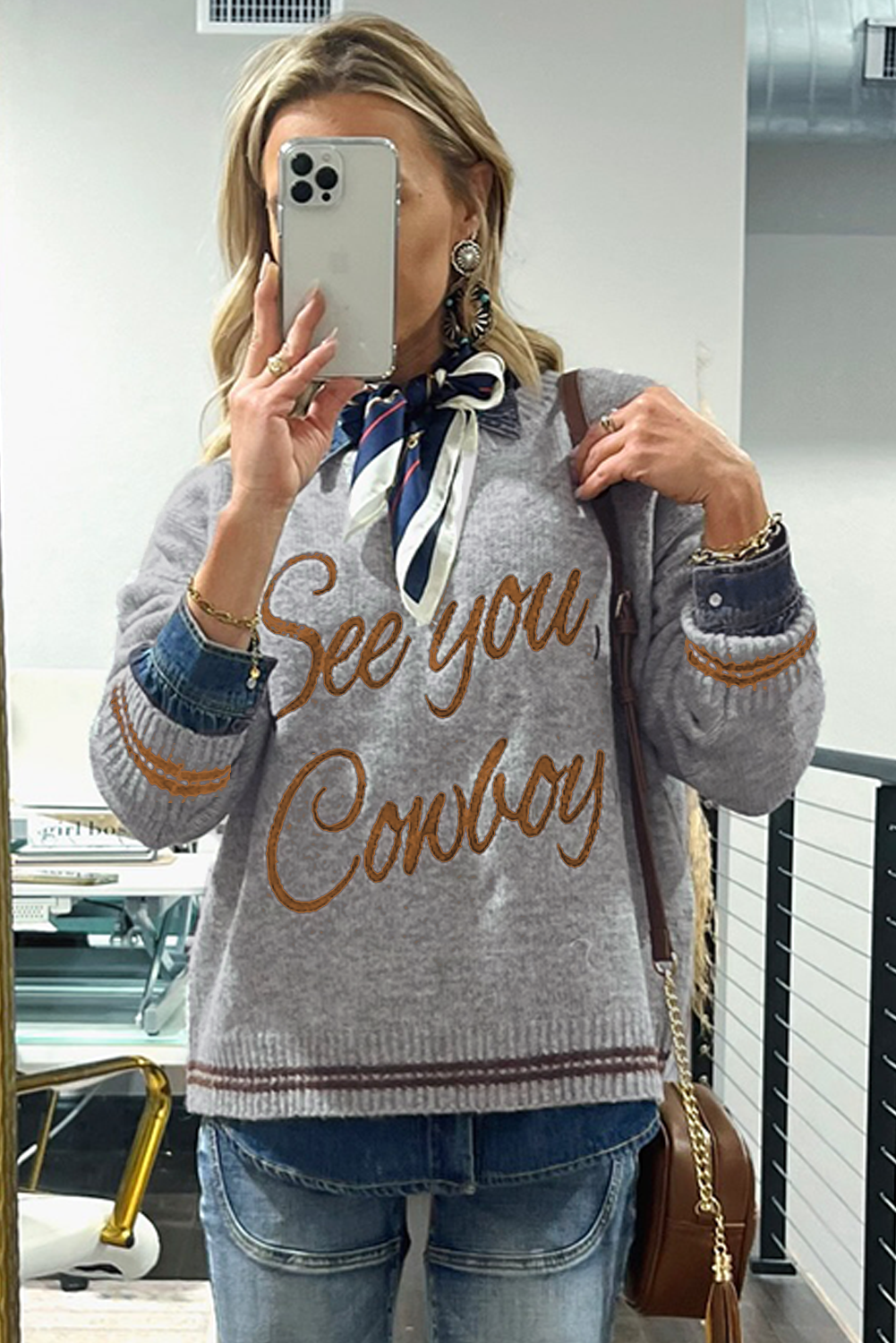 Light Grey Letter Embroidered Graphic Sweater