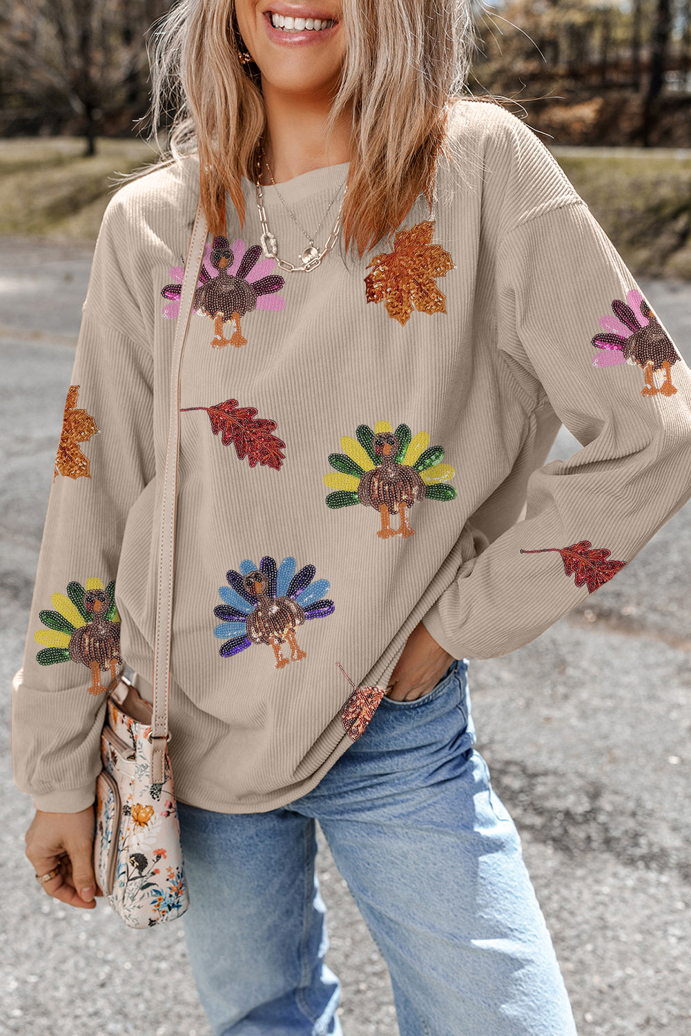 Smoke Gray Ribbed Fall Leaf Turkey Graphic Sequins Patch Baggy Sweatshirt