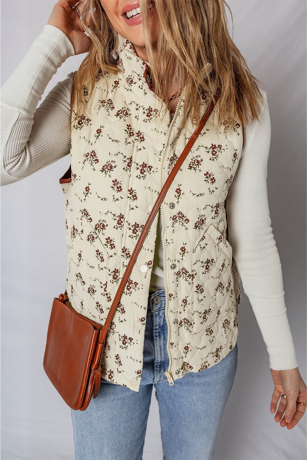 Apricot Floral Print Zip Up Quilted Warm Vest