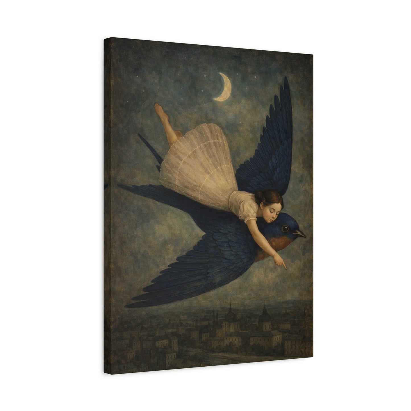 Blue Bird & Crescent Moon Canvas
