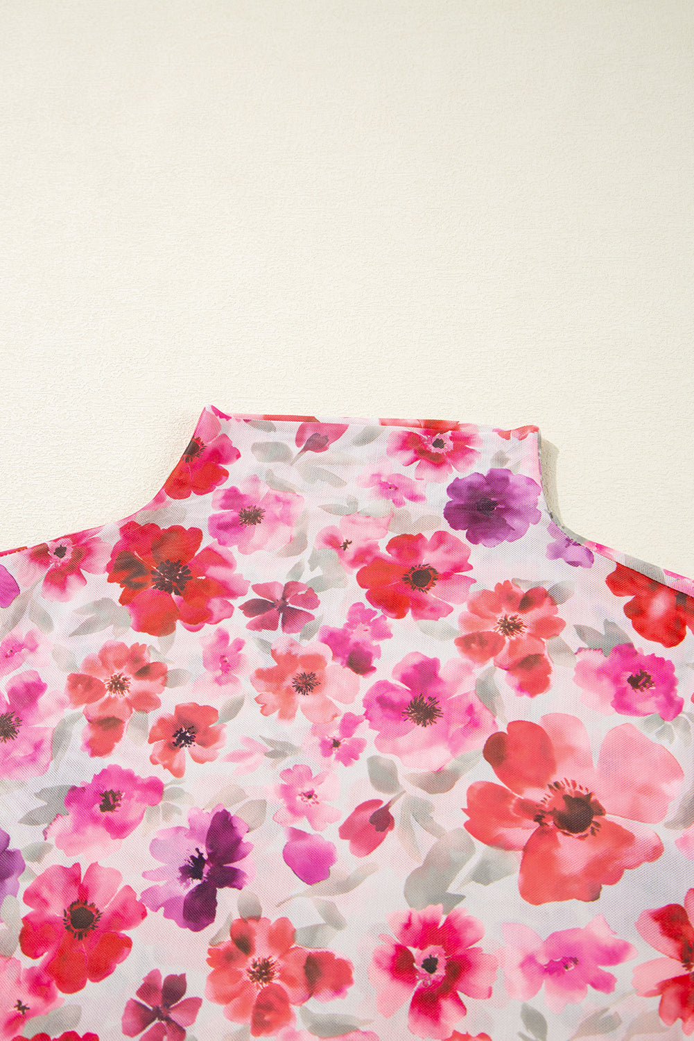 Red Floral Print Long Sleeve Slim Fit Mesh Top