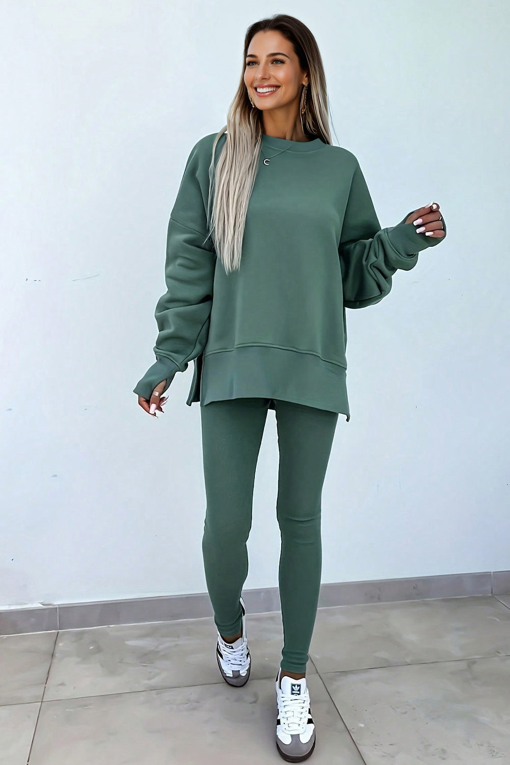 Green Bay Solid Color Oversize Slit Sweatshirt Ribbed Leggings Set
