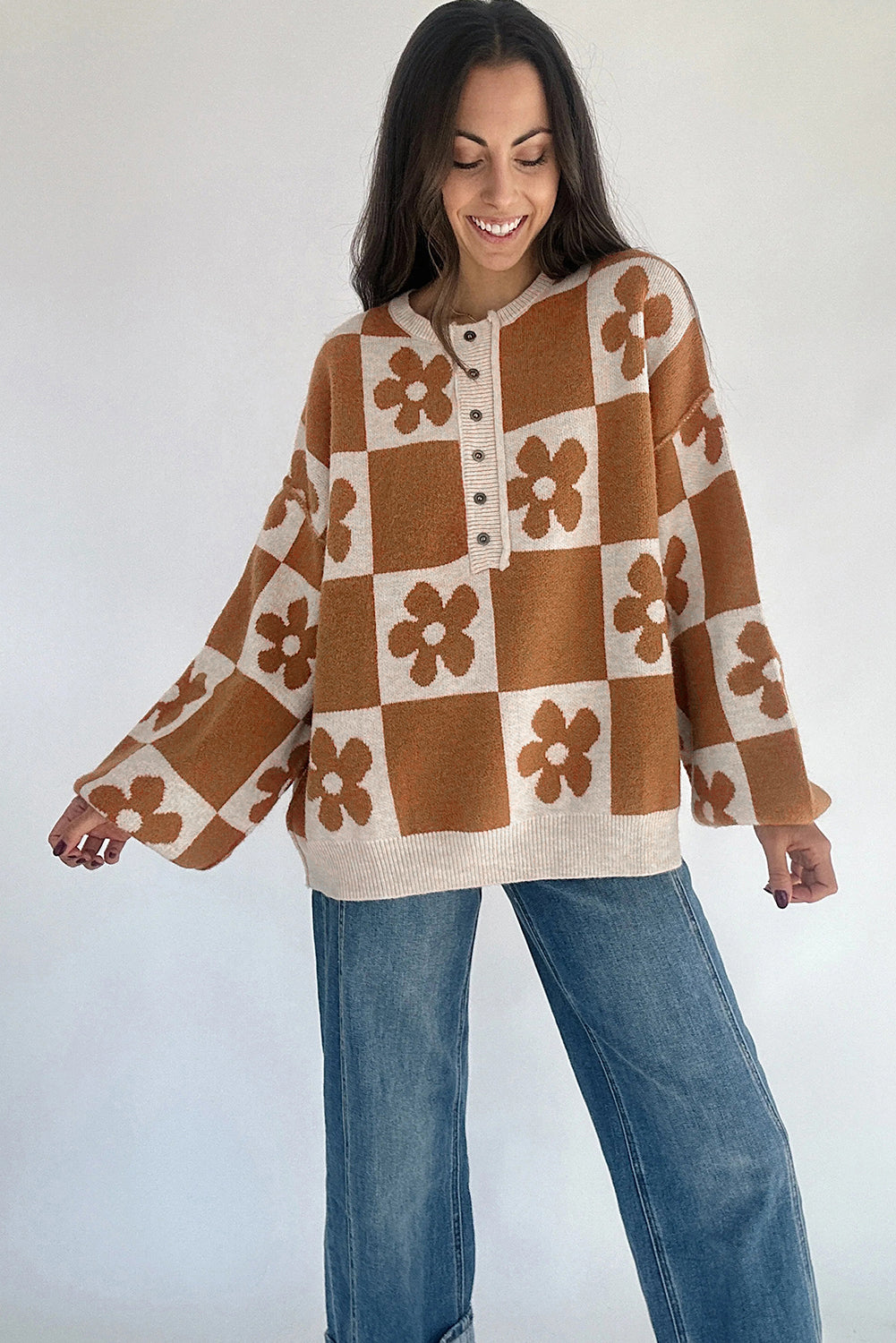 Thai Curry Flower Colorblock Checkered Henley Sweater