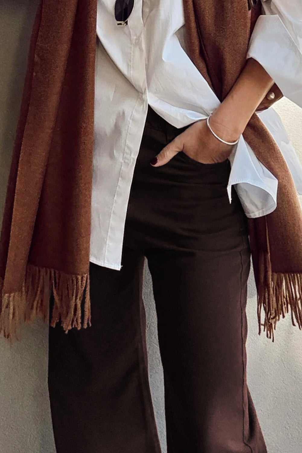 Coffee Solid Color Loose Straight High Waist Jeans