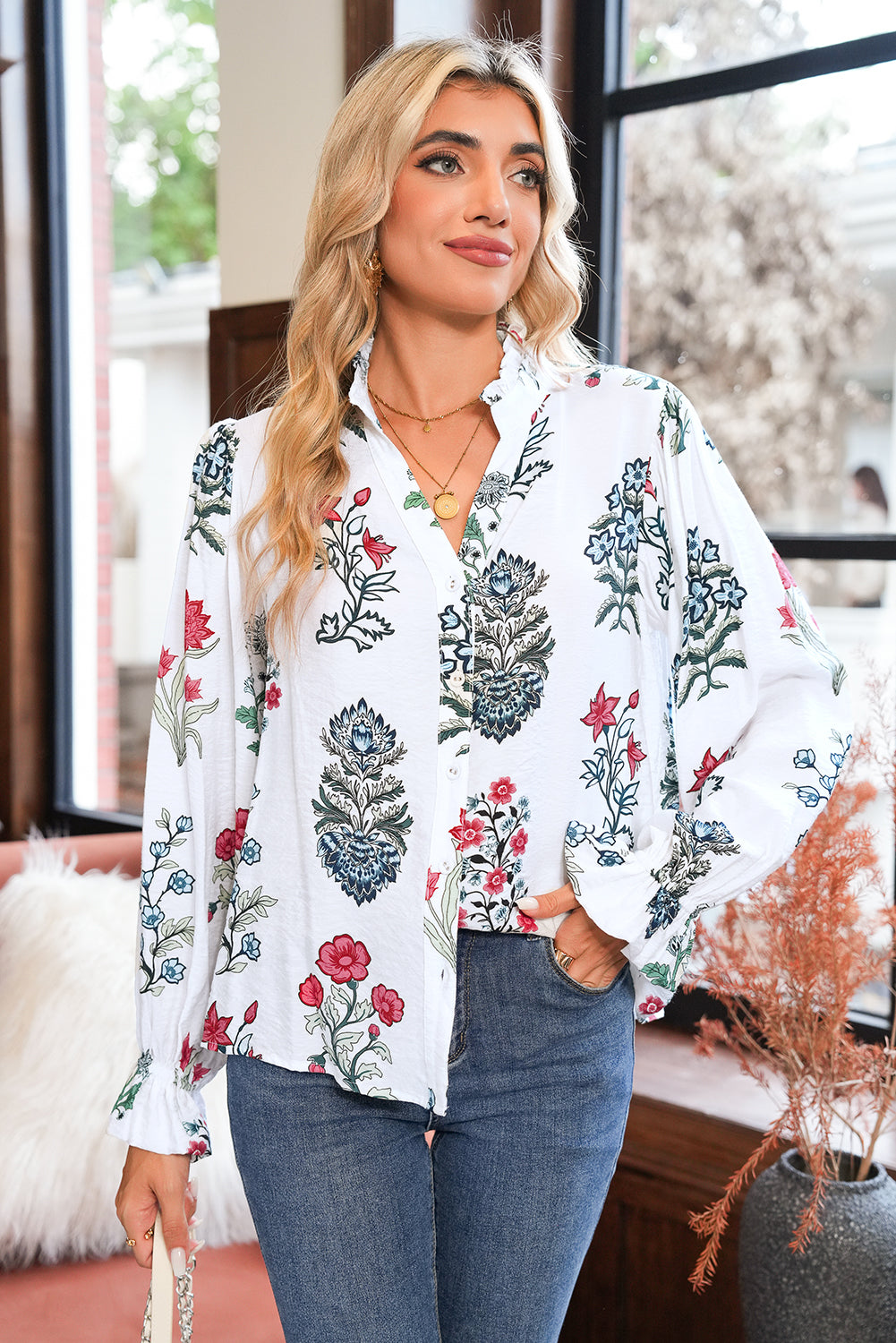 White Floral Print V Neck Loose Drop Sleeve Shirt