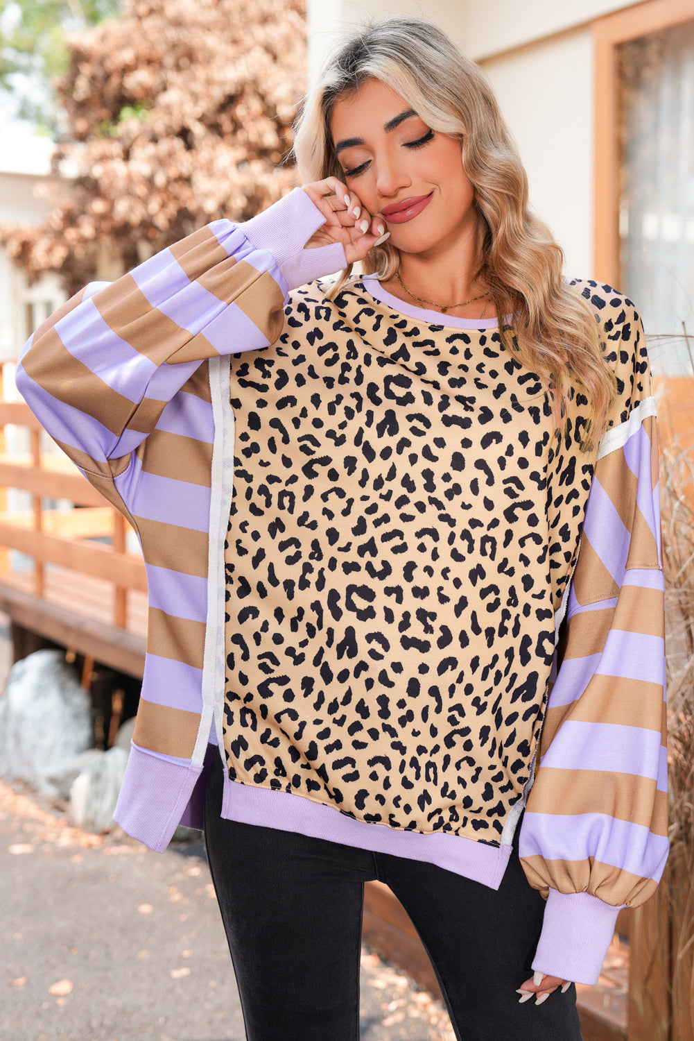 Purple Striped Leopard Colorblock Side Slits Sweatshirt