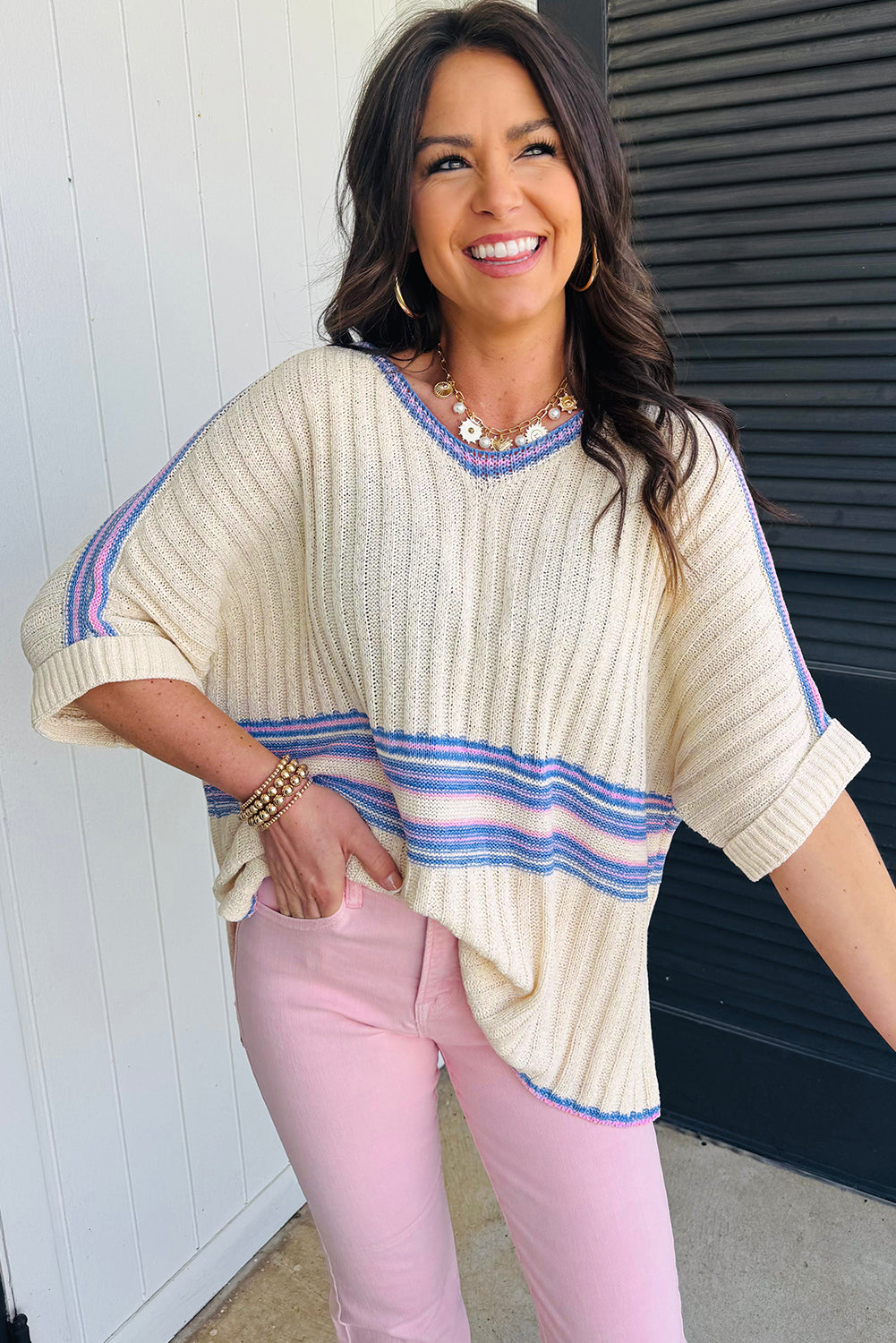 White Striped V Neck Dolman Sleeve Knit Sweater