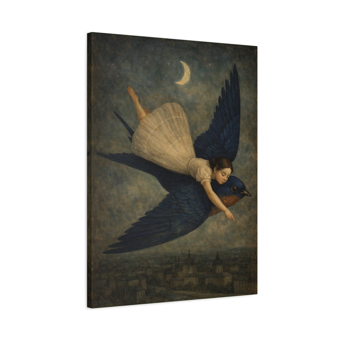 Blue Bird & Crescent Moon Canvas