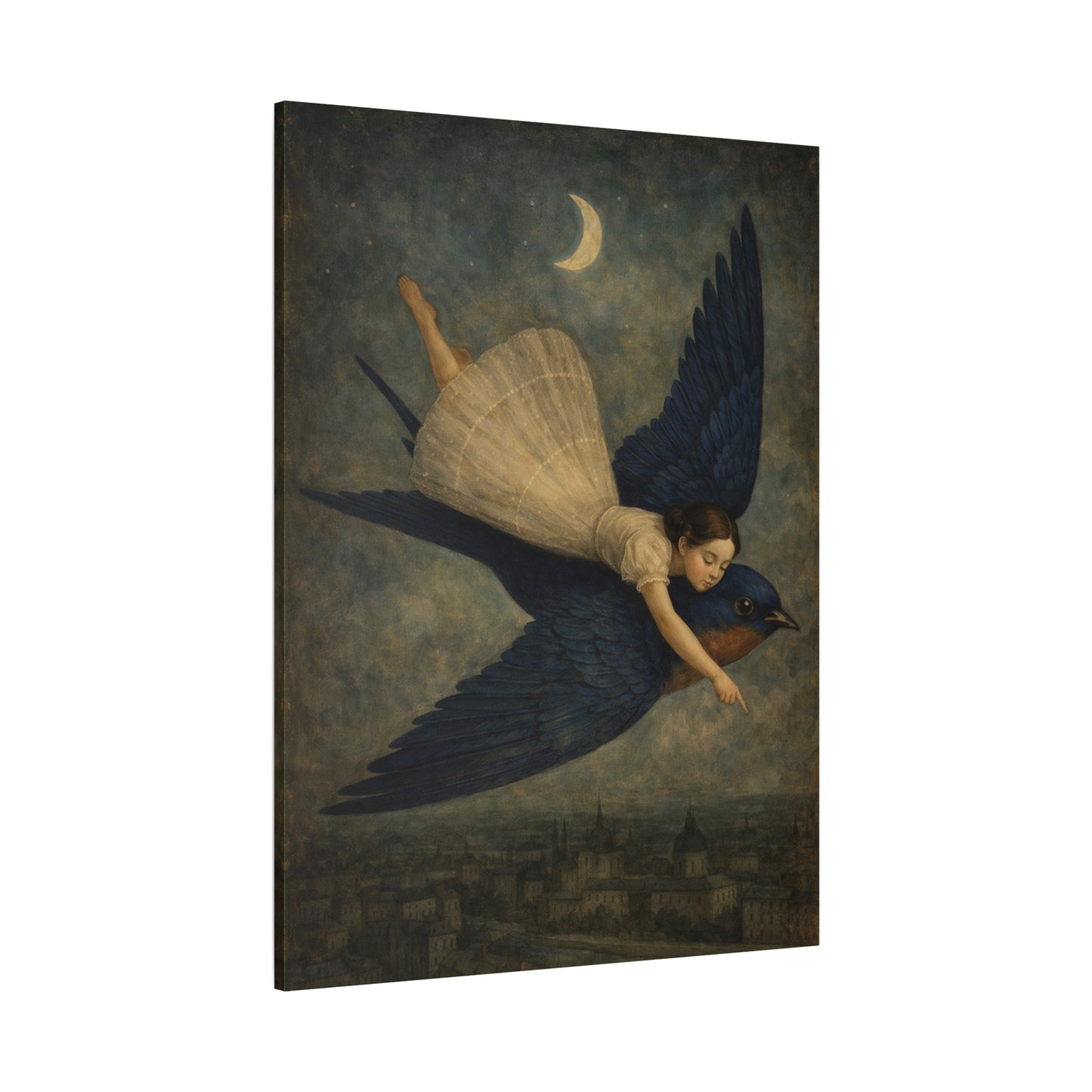 Blue Bird & Crescent Moon Canvas
