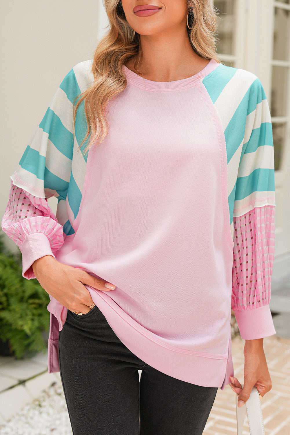 Bonbon Striped Colorblock Patchwork Raglan Sleeve Top