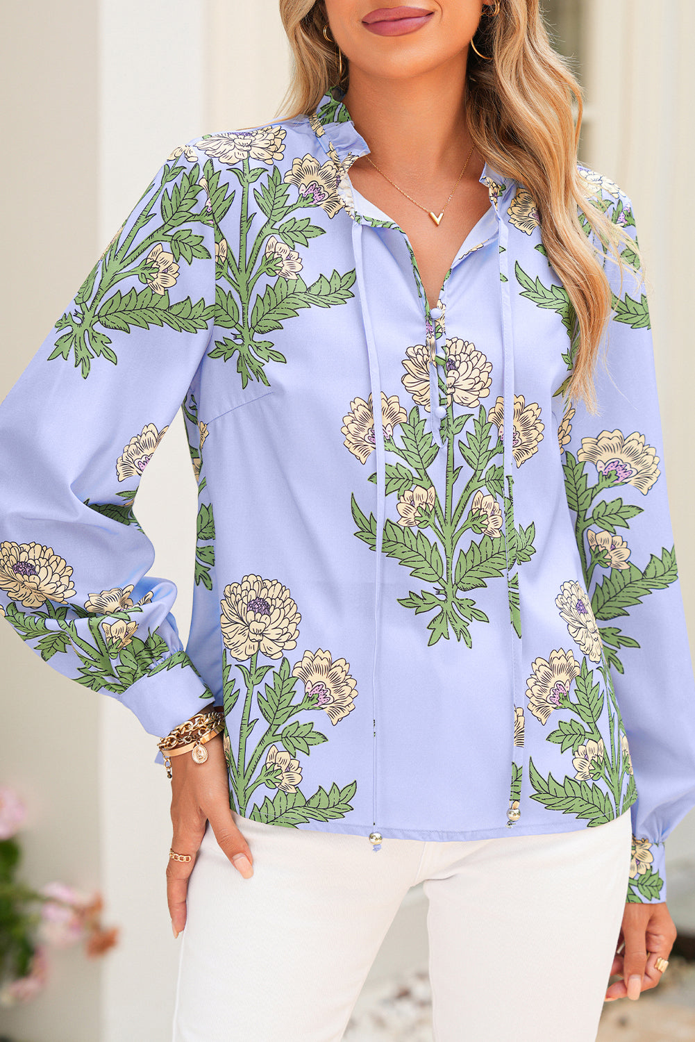 Sky Blue Floral Print V Neck Bubble Sleeve Blouse
