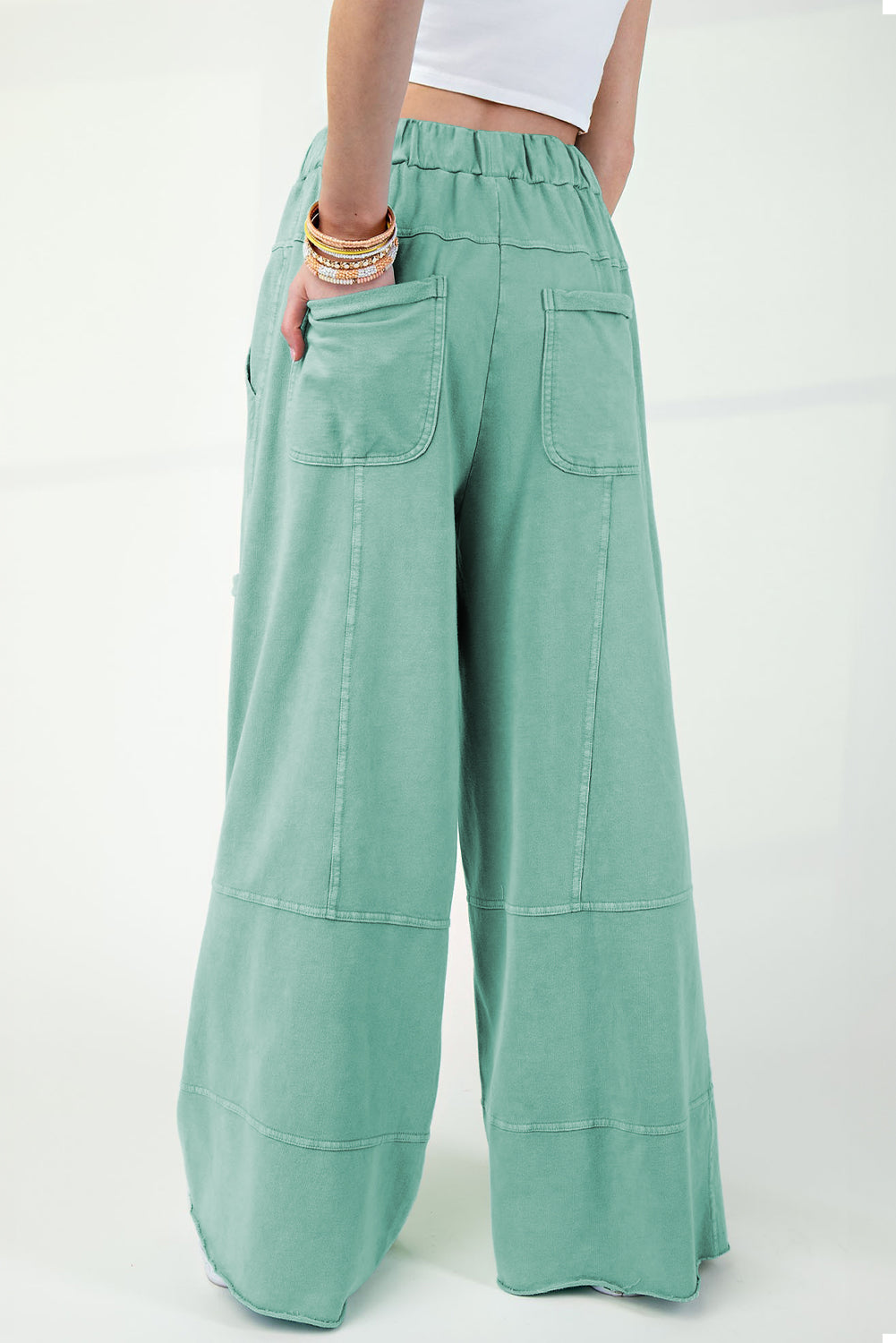 Mint Green Mineral Wash Exposed Seam Wide Leg Cargo Pants