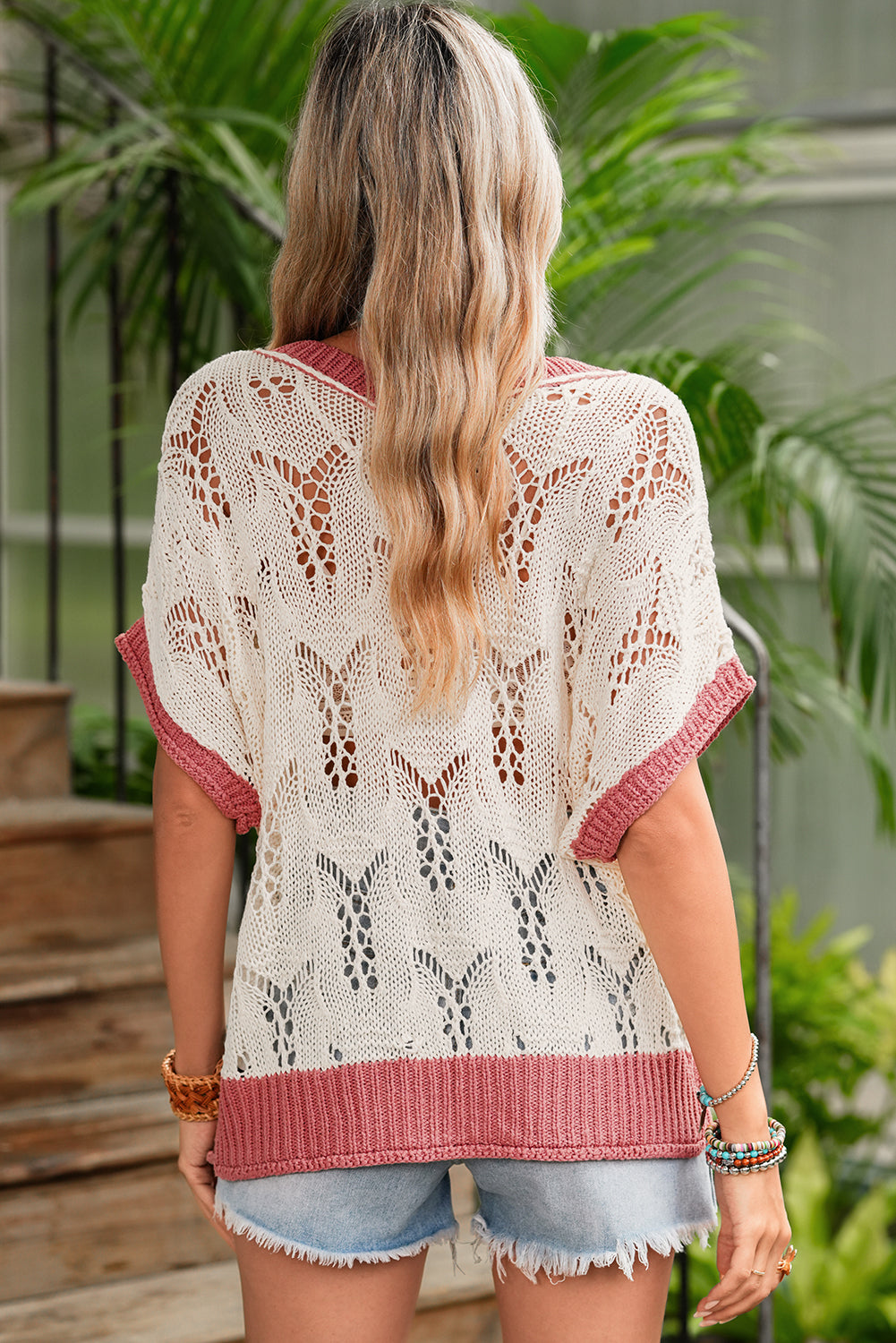 Delicacy Flowers Colorblock Edge Hollow Crochet Knit Top