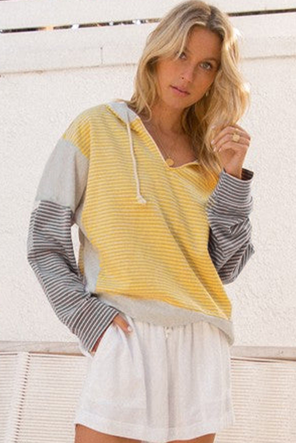 Yellow Stripe Colorblock Drawstring V Neck Loose Fit Hooded Top