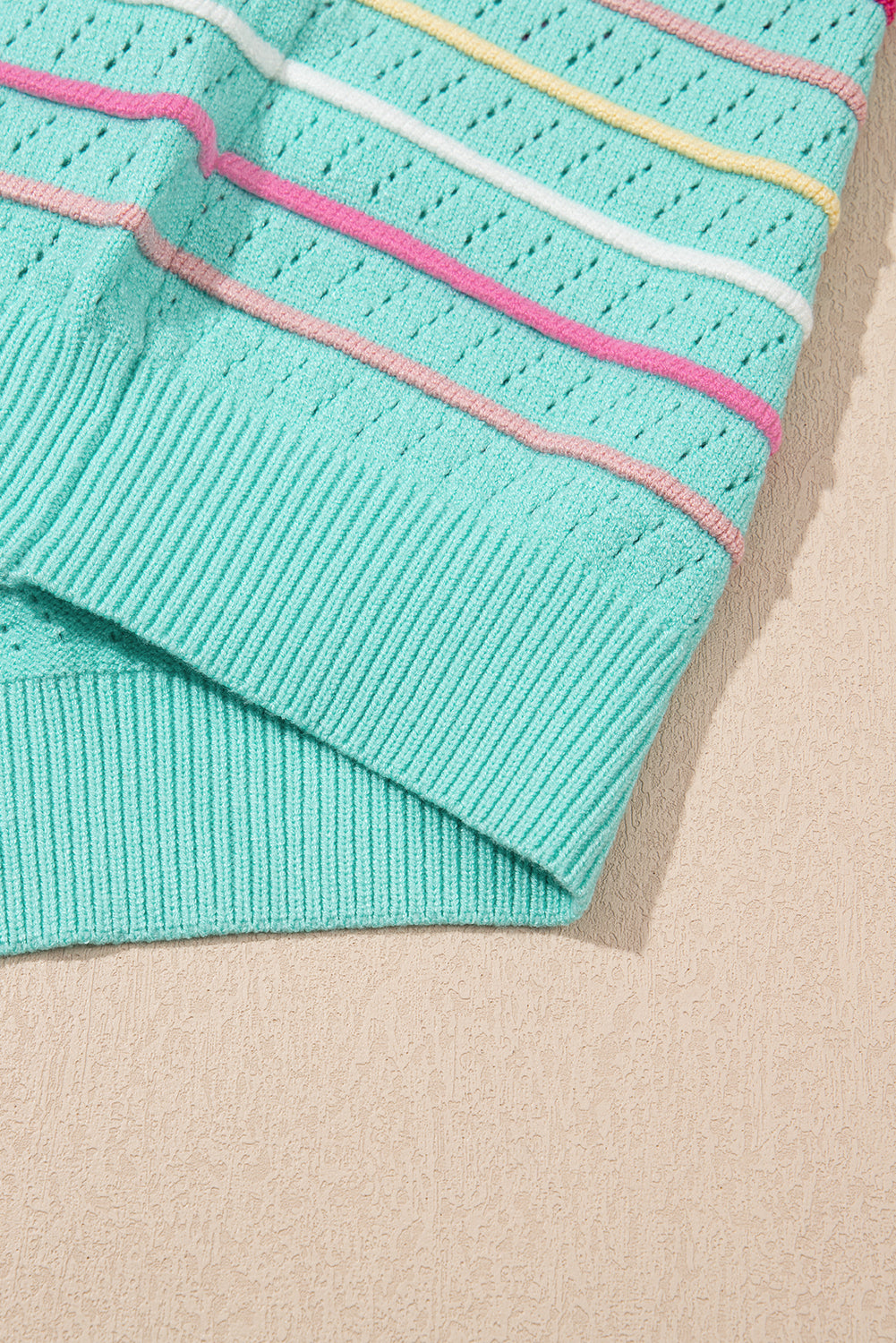 Green Colorful Striped Eyelet Knit Ruffle Top