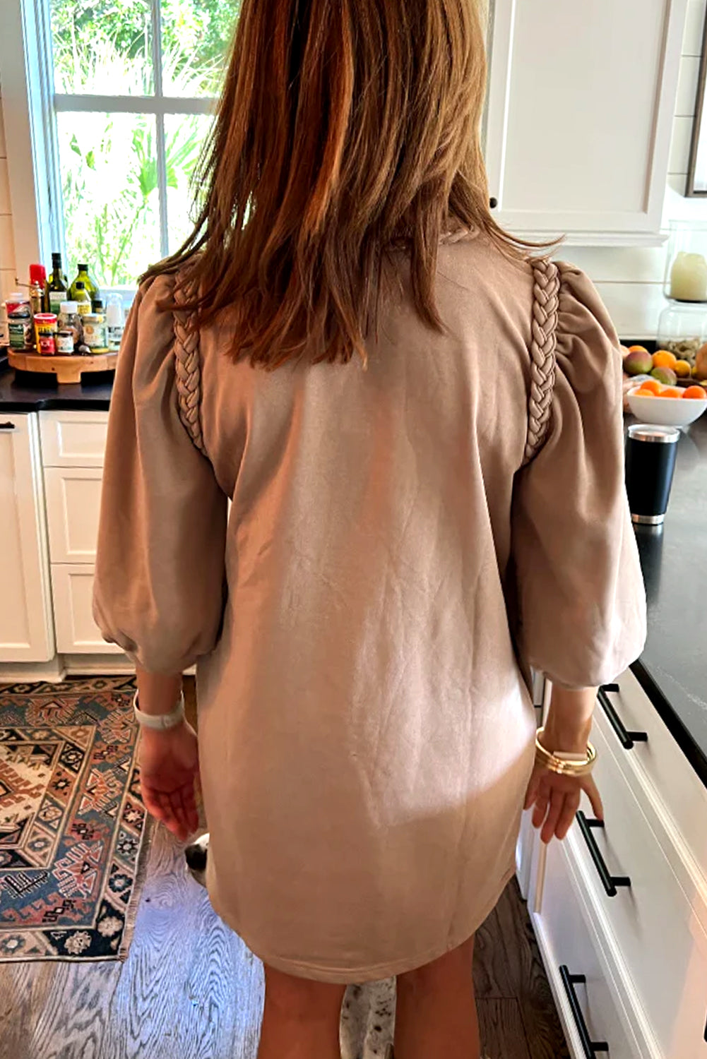 Light French Beige Twist Braided Embellished Puff Sleeve Dress