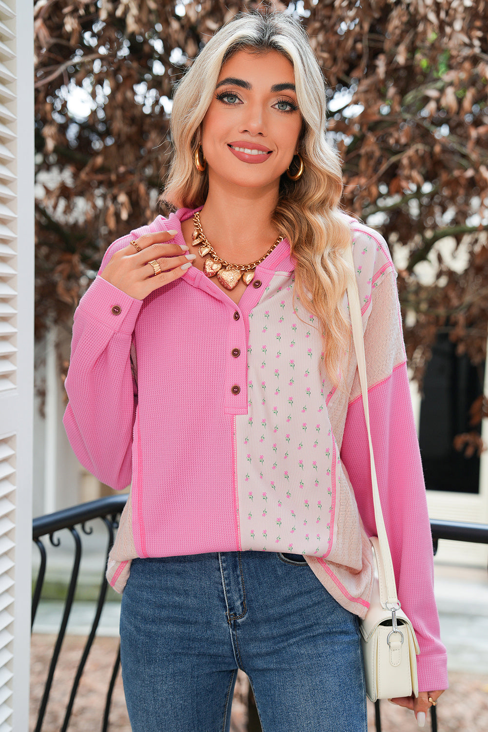 Pink Mixed Texture Waffle Floral Patchwork Hooded Oversized Pullover Top