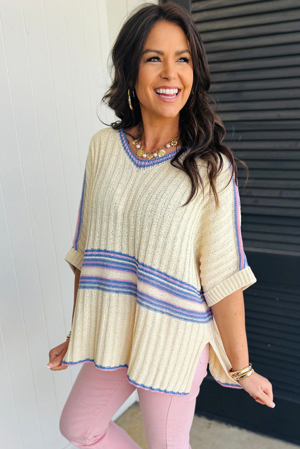 White Striped V Neck Dolman Sleeve Knit Sweater