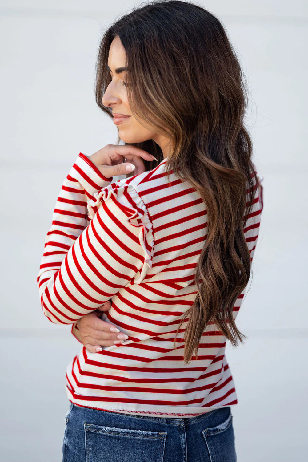 Red Striped Ruffle Shoulder Long Sleeve Top