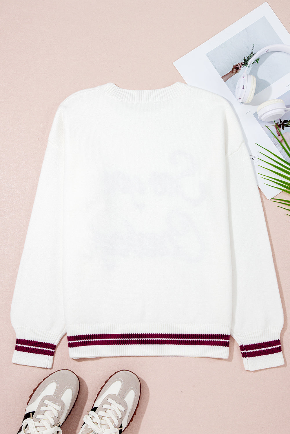 White Letter Embroidered Graphic Sweater