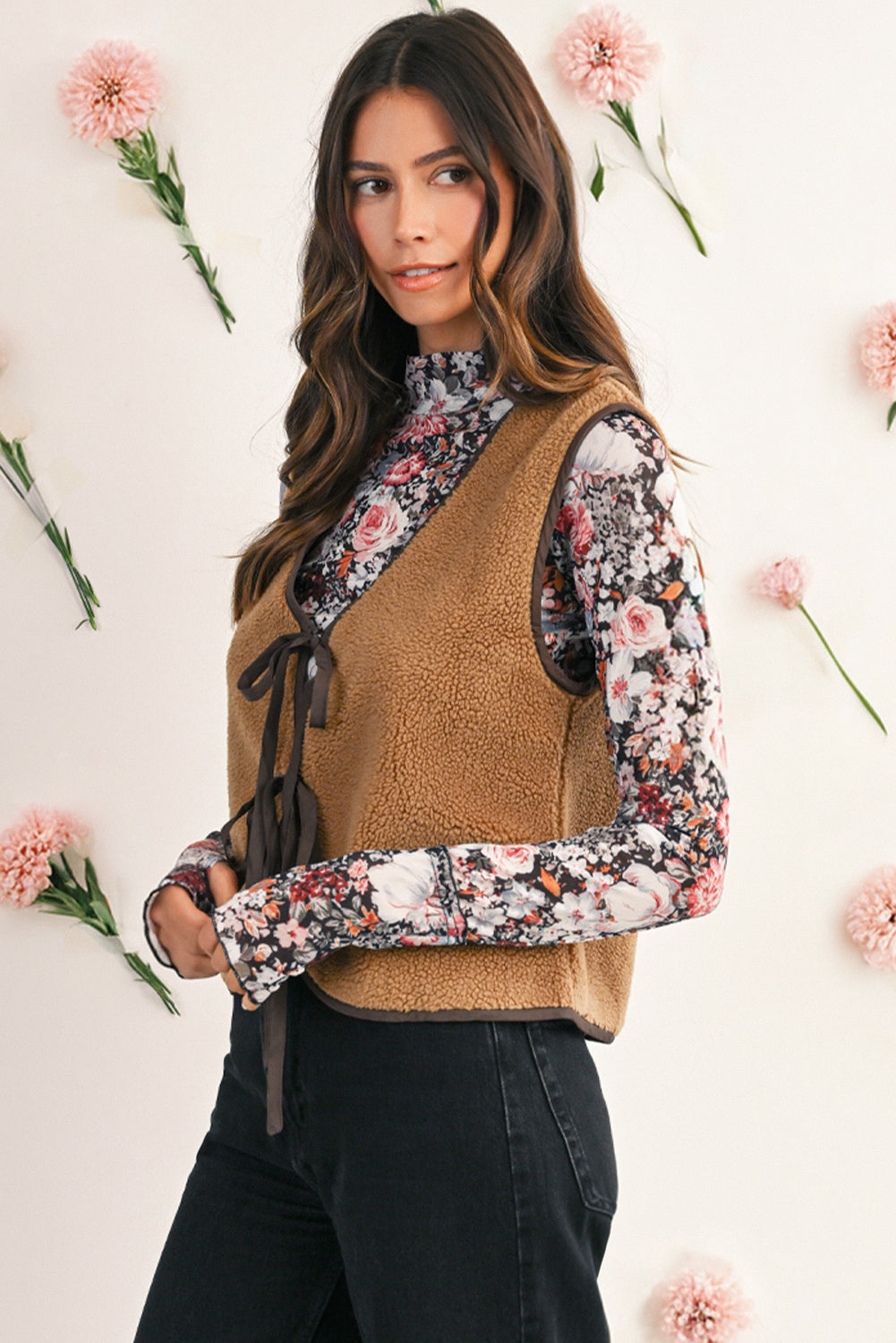 Light French Beige Fleece Tie Front Winter Vest