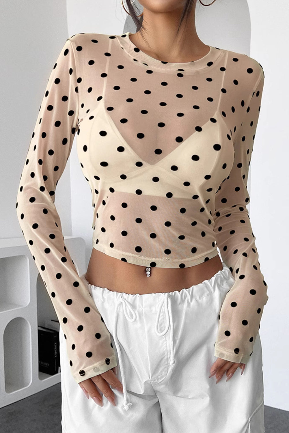 Beige Polka Dot Sheer Mesh Round Neck Long Sleeve Top