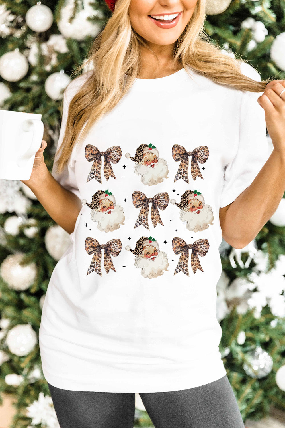 White Santa Claus Leopard Bow Heat Transfer Printing Crew Neck Graphic T Shirt