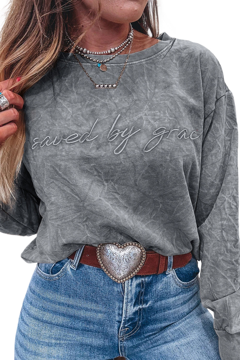 High-rise  saved by grace Letter Embroidery Mineral Wash Loose Sweatshirt