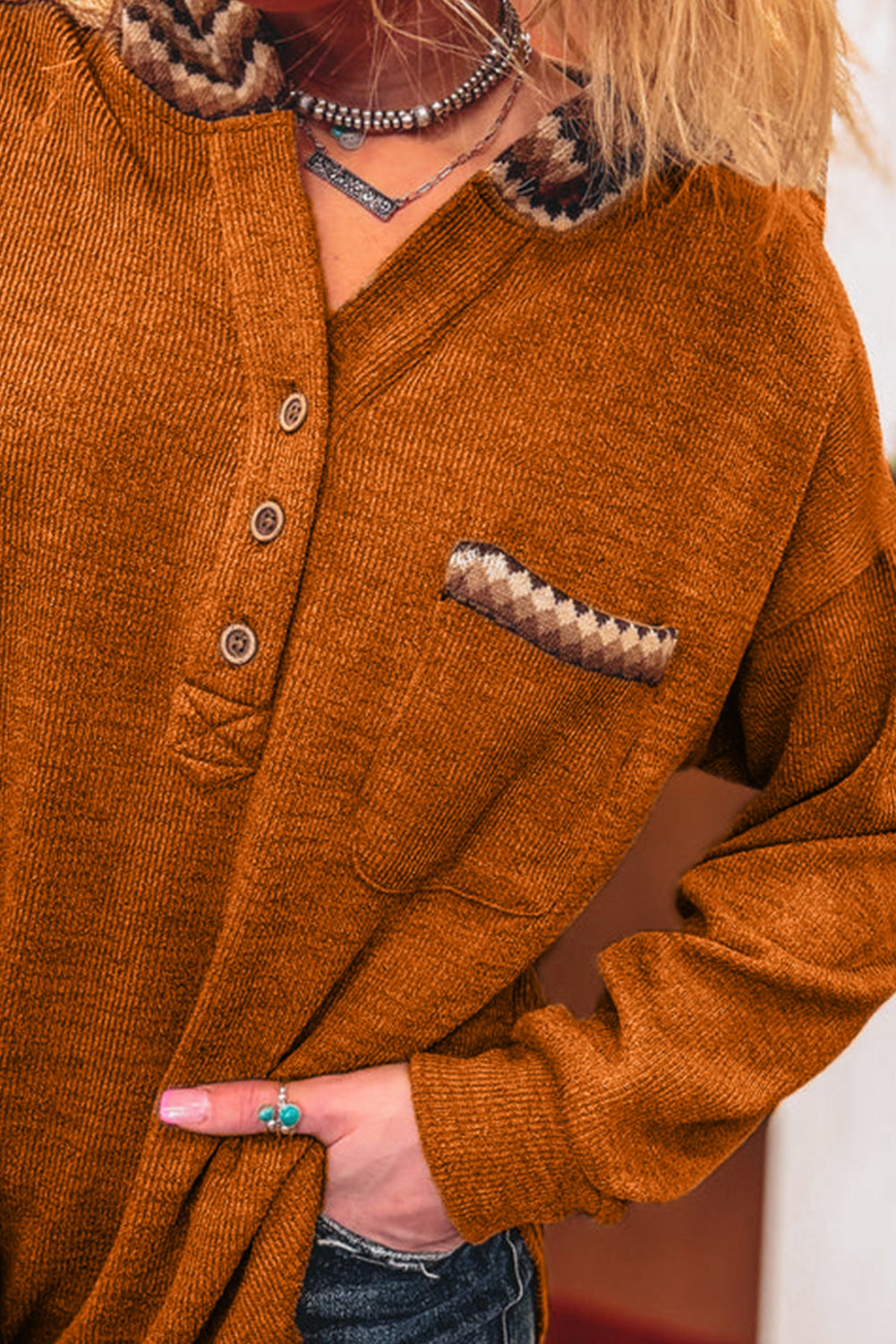 Straw Yellow Contrast Plaid Hooded Patchwork Pocket Henley Top