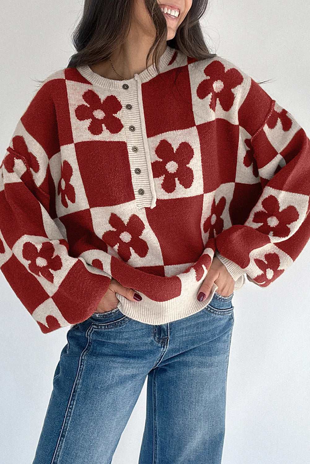 Red Dahlia Flower Colorblock Checkered Henley Sweater