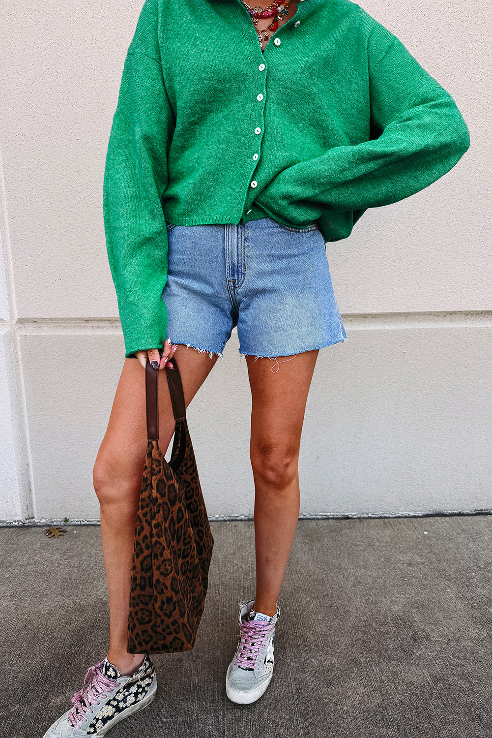 Bright Green Solid Color Button Drop Shoulder Knit Cardigan