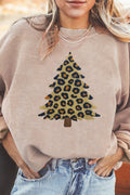Apricot Leopard Christmas Tree Terry Flocking Corded Sweatshirt